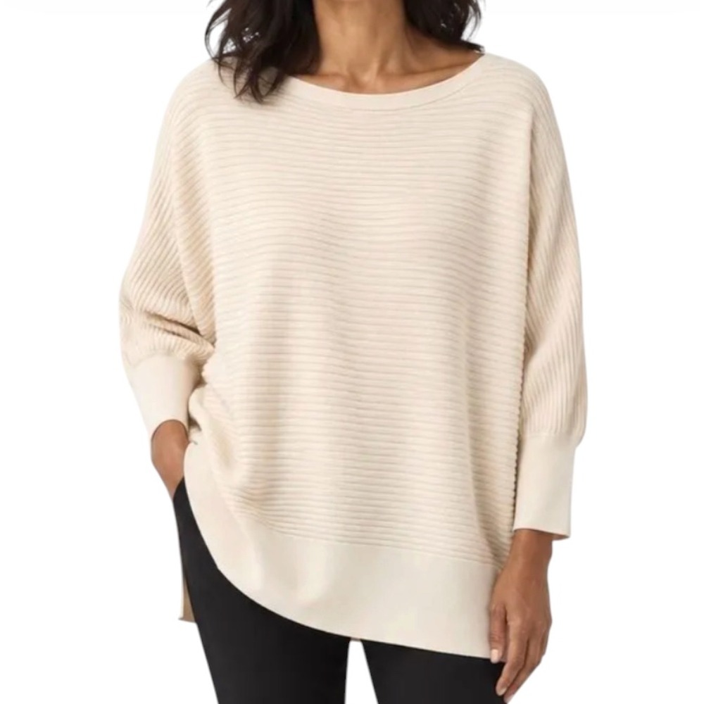 EILEEN FISHER Wool Blend CREAM RIBBED BOXY FIT SWEATER Boat Neck Bateau SIZE M